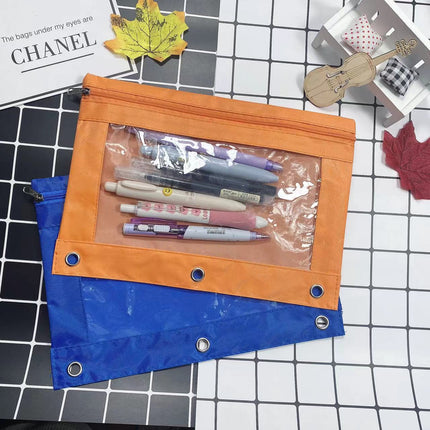 Three-Hole Oxford Cloth Pencil Case Document Bag Large Capacity Loose-Leaf Storage Bag Office Cross-Border Transparent Colorful Student Cute