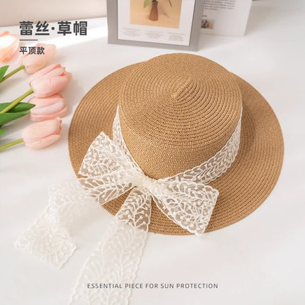 [Great Value] French Style Socialite Flat Top Hat 2025 New Summer Elegant Pearl String Sunshade Woven Straw Hat