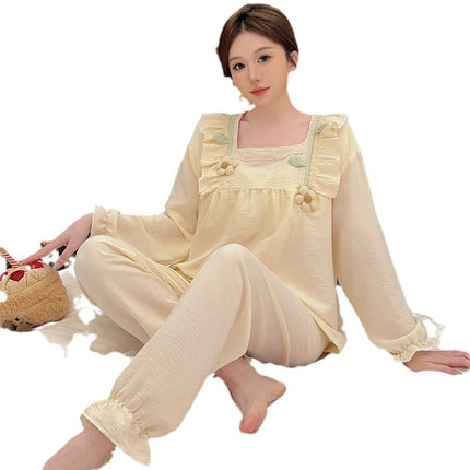 Spring and Autumn Clouds Cotton Pajamas Women's Sweet Square Collar with Chest Pad Long Sleeve Trousers Plus Size chubby girl Home Clothes