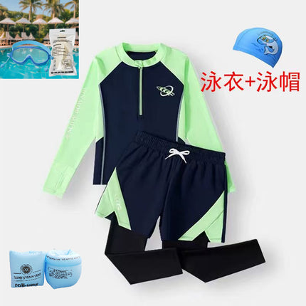 Baby Boy, Middle and Large Children, Slim Long-Sleeved Split Swimsuit Suit, Super Fairy Cut Out Kindergarten Summer Sports Three-Piece Suit