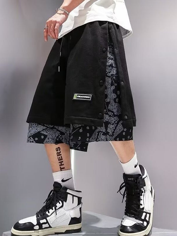 Fake Two-Piece Over-the-Knee Hong Kong-Style Shorts Men's Season Thin Loose Fashionable Summer Cashew Flower Stitching Breasted Casual Shorts