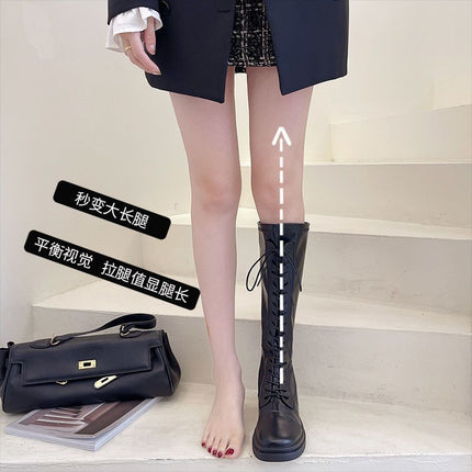 Over-The-Knee High Boots 2025 Autumn and Winter New Style Handsome Knight Boots Round Toe Lace-Up Elastic Fleece-Lined Boots Riding Boots