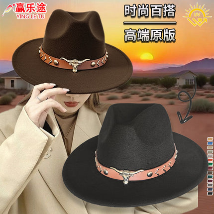 European and American Autumn and Winter Woolen Denim Jazz Felt Hat with Cow Head Label, Large Brim Fedora, Xizang Ethnic Style Outdoor Bucket Hat