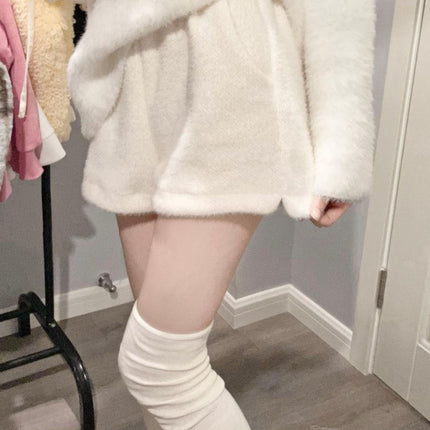 Mink Velvet Shorts White Cute, Gentle, Loose and Slim Women's Autumn and Winter Plush Elastic Versatile A-Line Wide-Leg Shorts