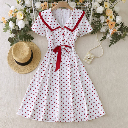 2025 Cross-Border Foreign Trade New Style Lapel Retro Polka Dot Repair Slim Retro Large Hem Dress with Belt Ready for Sale