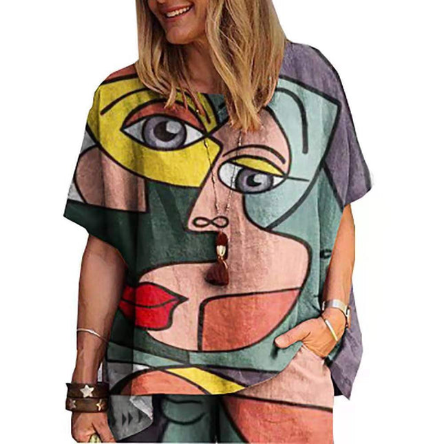 Amazon Cross-border Spring and Summer plus size Loose chubby girl Elegant Casual Western Style Age-reducing Printed Short-sleeved Sports suit