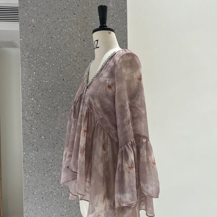 Dirin Ambient V-Neck Nail Drill Lazy Draped Slimming Trumpet Sleeve Chiffon Shirt Women's Holiday Floral Short Top