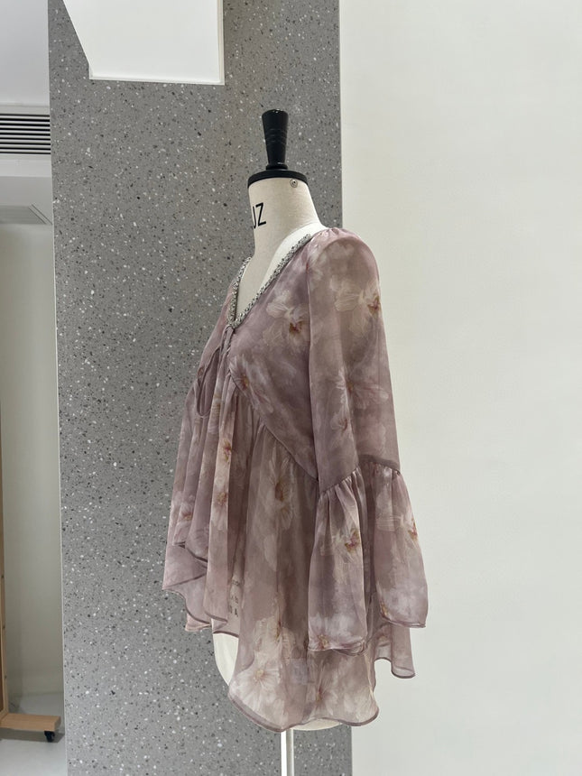 Dirin Ambient V-Neck Nail Drill Lazy Draped Slimming Trumpet Sleeve Chiffon Shirt Women's Holiday Floral Short Top