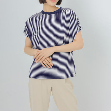 Japanese and Korean Summer New Striped T-Shirt Women's Round Neck Bat Sleeve Loose Slimming Pure Cotton Short-Sleeve Top Cross-Border in Stock