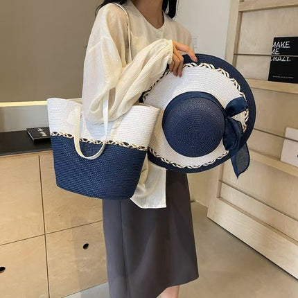 New Color-matching Straw Woven Bag Straw Hat suit Large Capacity Shoulder Bag Woven Bag High-end Seaside Beach Tote Bag