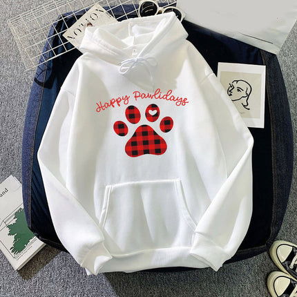 Happy Pawlidays Red Plaid Dog Feet Printed Hooded Sweat Autumn/Winter European Men's and Women's Top