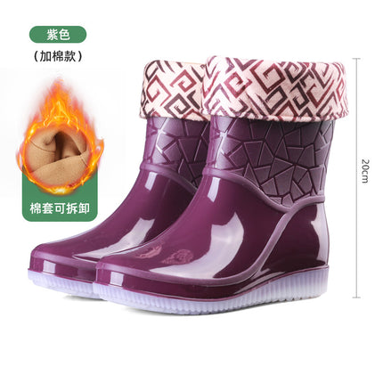 Fashionable Outdoor Water Shoes for Women, Waterproof and Non-Slip, Winter Fleece-Lined Rain Boots for Women, Warm Kitchen Work Short Rain Boots
