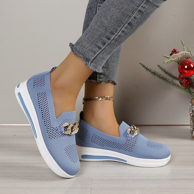 2024 spring and summer new foreign trade plus size women's shoes flying woven mesh surface hollow breathable shoes metal chain wedge casual shoes
