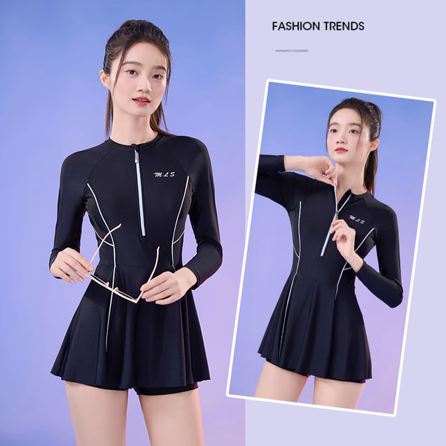 Long-sleeved swimsuit women's conservative sunscreen one-piece swimsuit slimming fat-covered girls swimsuit swimming pool training