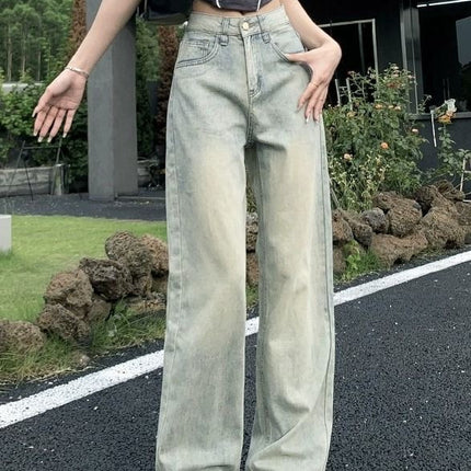 Retro Straight Jeans for Small Women Spring & Fall 2024 New High-waist Draped Floor-length Narrow Wide-leg Long Pants