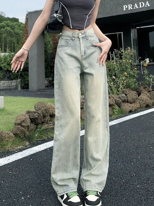 Retro Straight Jeans for Small Women Spring & Fall 2024 New High-waist Draped Floor-length Narrow Wide-leg Long Pants
