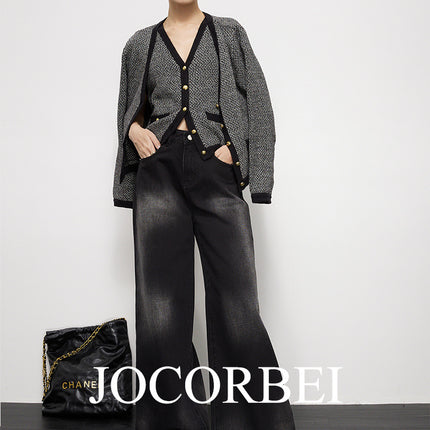JOCORBEI [retro gradient washed black] high waist wide leg floor jeans women's large straight tube grandma pants