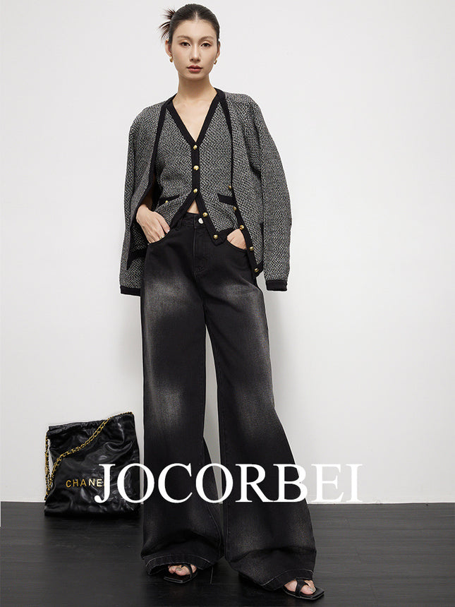 JOCORBEI [retro gradient washed black] high waist wide leg floor jeans women's large straight tube grandma pants