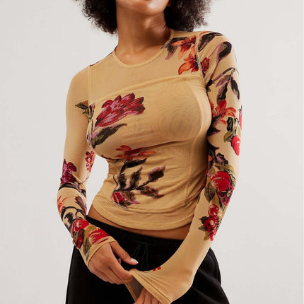 2024 New Amazon Hot Selling Mesh Double Layer Spring and Summer Digital Printed Flower Hot Products Slim Long Sleeve T-Shirt for Women