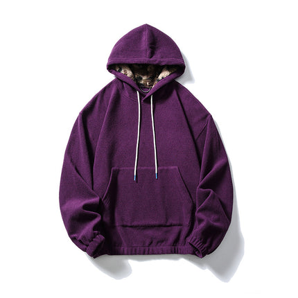 Black Fleet American Casual Style Unisex Versatile Hooded Warm Top Couple Style Hiking Fleece Solid Color Sweatshirt