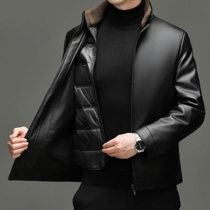 Men's Stand-Up Collar Leather Jacket Autumn and Winter Removable Liner Warm and Stylish Zipper Jacket Trendy Tops for Young and Middle-Aged People