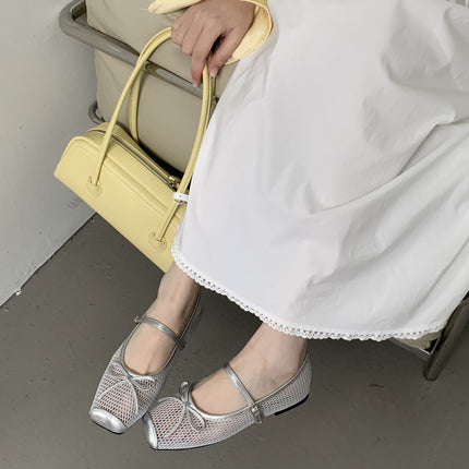 Korean Style One-Line Shallow Mouth Shoes 2025 Summer New Style Bow Breathable Mesh Shoes Square Toe Fisherman Shoes Buckle Women's Shoes