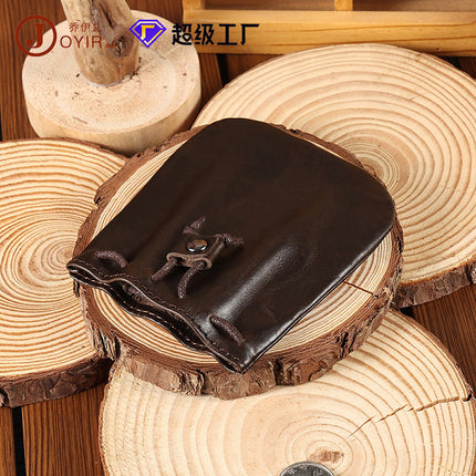 New Style Cowhide Niche Vintage Small Coin Purse Coin Headset Storage Bag Leather Drawstring Mini Small Wallet Trendy