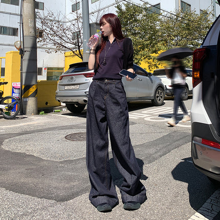 dark blue Original Color Wide Leg Jeans Women's 2025 Spring New Style Straight Loose High Waist Laid-back Slim Look Mop Pants