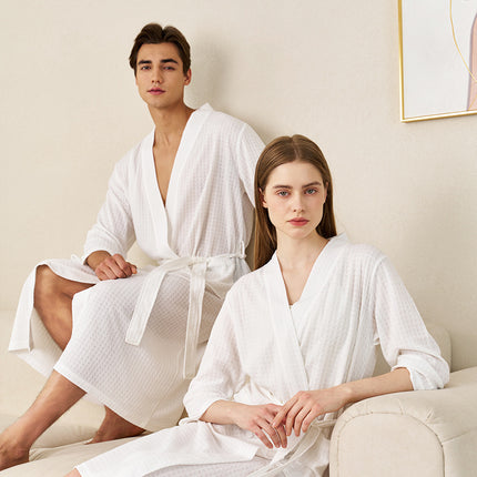 Summer Thin Water Absorbent Waffe Bathrobe Women's Summer Mid-length Simple Sexy Nightgown Men's Breathable Bath Towel Pajamas