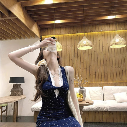 French Style Neck Waistline Floral Sling dress Women's Summer Niche Design Spice Girl Lace Stitching Tea Break Long Dress
