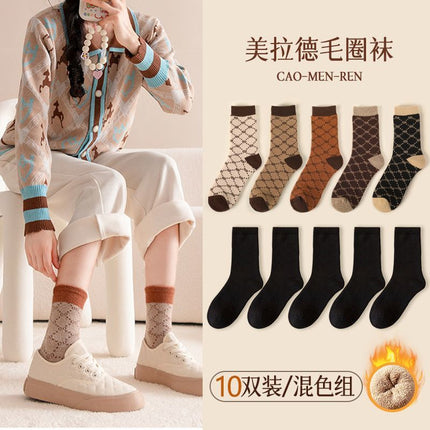Grassman Socks Women's Pure Cotton Autumn and Winter fleece-lined Thickened Mid-tube Socks Light Luxury Fashion All-match Winter Warm Towel Socks