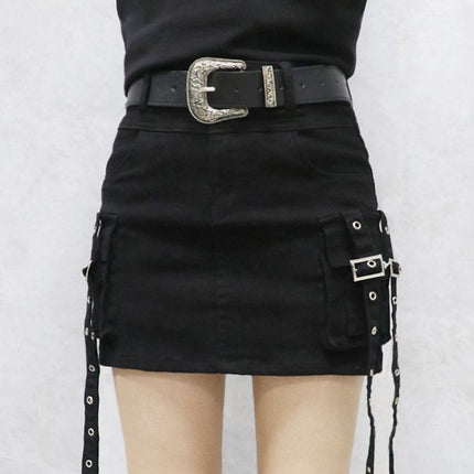 Retro Black and Gray Spicy Girl Style Ribbon Sweet Cool Denim Short Skirt for Women, Spring and Summer High-Waisted Workwear Ins Elastic Bodycon Skirt