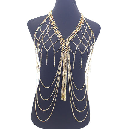 European and American Cross-Border Jewelry Women's Metal Mesh Cut Out Tassel Multi-Layer Chest Chain Nightclub Performance Fashion Clothing Accessories