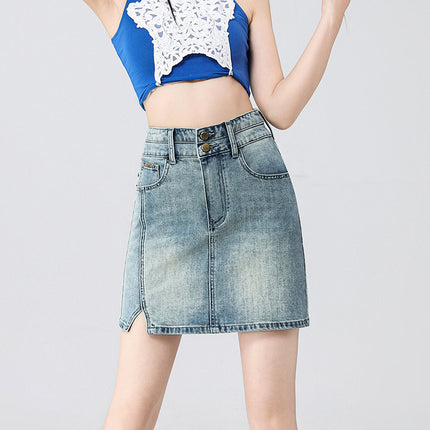 Light Blue Slit Denim Short Skirt for Women, 2026 New Design, Slimming A-Line Skirt with a High-End Feel