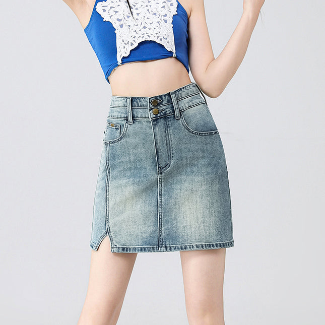 Light Blue Slit Denim Short Skirt for Women, 2026 New Design, Slimming A-Line Skirt with a High-End Feel