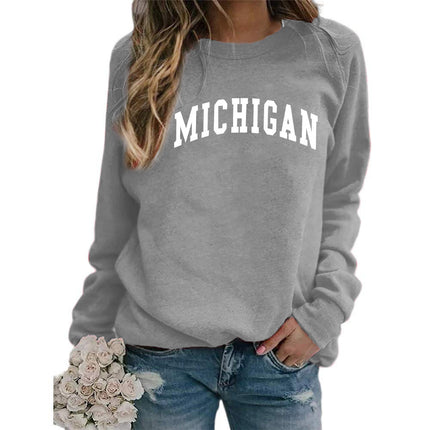 Cross-border supply of European and American foreign trade MICHIGAN printed crew neck sweater top women's coat autumn and winter European size
