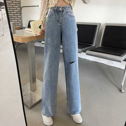 2024 Summer Hong Kong style chic ripped Denim wide-leg pants women's fashionable loose straight slimming draping mop pants