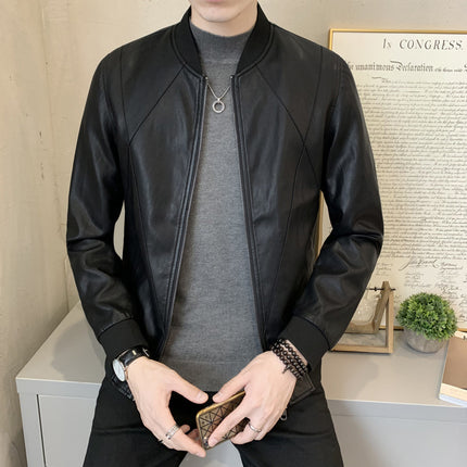 2022winter new men's short leather baseball jacket men's Korean-style slim-fit motorcycle leather jacket fleece-lined
