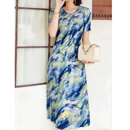 Miyake pleated 2025 summer new temperament round neck printed pleated skirt fashion waist thin magic dress