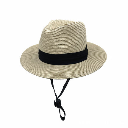 Panama Men's and Women's Straw Top Hat with Three-fold Ribbon Removable Windproof Rope Paper Weaved Straw Sun Hat Sunscreen Big Edge Straw Hat