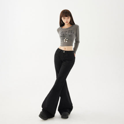 Yc&2-Color American Retro Low-Waist Sexy Flared Pants for Autumn and Winter Micro-Elastic Versatile Slimming Look Jeans for Women