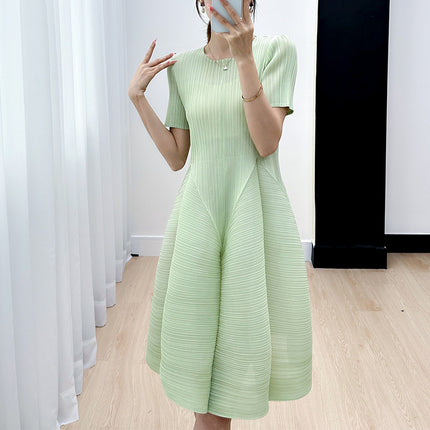 Foreign trade high-end Sanzhai casual elegant gentle simple solid color pleated flower buds dress women's summer New