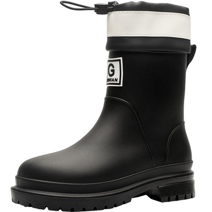 Cross-Border Women's Mid-Calf Rain Boots, Thickened Drawstring Rain Shoes, Wear-Resistant, Non-Slip, Waterproof, Comfortable Water Shoes, Outdoor Rubber Shoes for Women