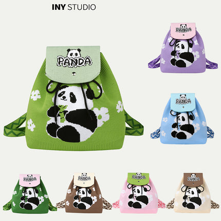 Grandpa Panda Cartoon Knitted Bag Women's Handbag Spring and Summer Popular Large Capacity Shoulder Drawstring Bag Versatile Backpack