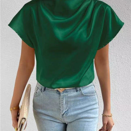 2026 Cross-Border Hot-Selling New Product Round Neck Short-Sleeve Left Shoulder Ruched T-Shirt Satin Women's Top Wholesale in Stock