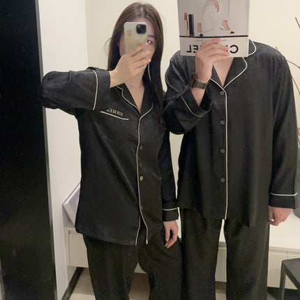 Light Luxury High-End Couple's Pajamas for Men with H Brand Embroidery, Spring and Autumn Ice Silk Long-Sleeve Simple Thin Homewear Set