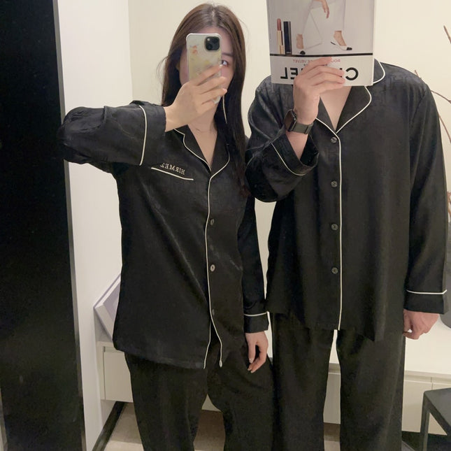 Light Luxury High-End Couple's Pajamas for Men with H Brand Embroidery, Spring and Autumn Ice Silk Long-Sleeve Simple Thin Homewear Set