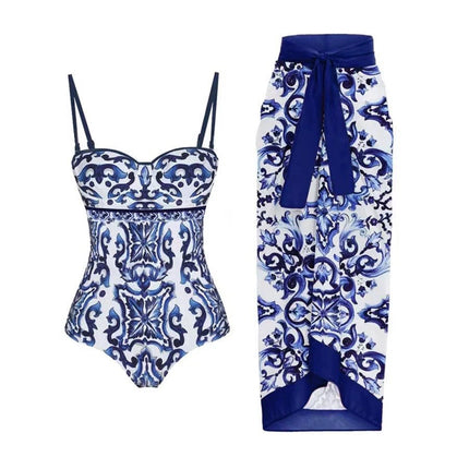 2024 European and American one-piece bikini two-piece Amazon blue and white porcelain printed retro beach resort hot spring swimsuit