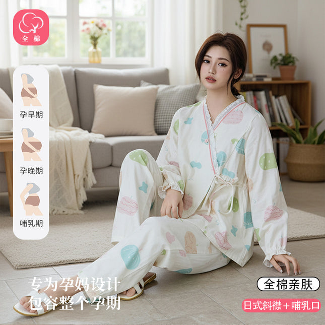 Spring, Summer, and Autumn Pure Cotton Three-Layer Gauze Kimono-Style Maternity Wear, Postpartum Nursing Pajamas, Maternity and Delivery Home Wear