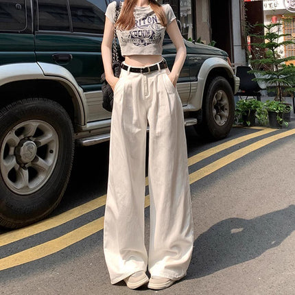 White Wide Leg Jeans Women's Trendy All-match New High Waist Slimming Pleated Lazy Drape Straight Trousers
